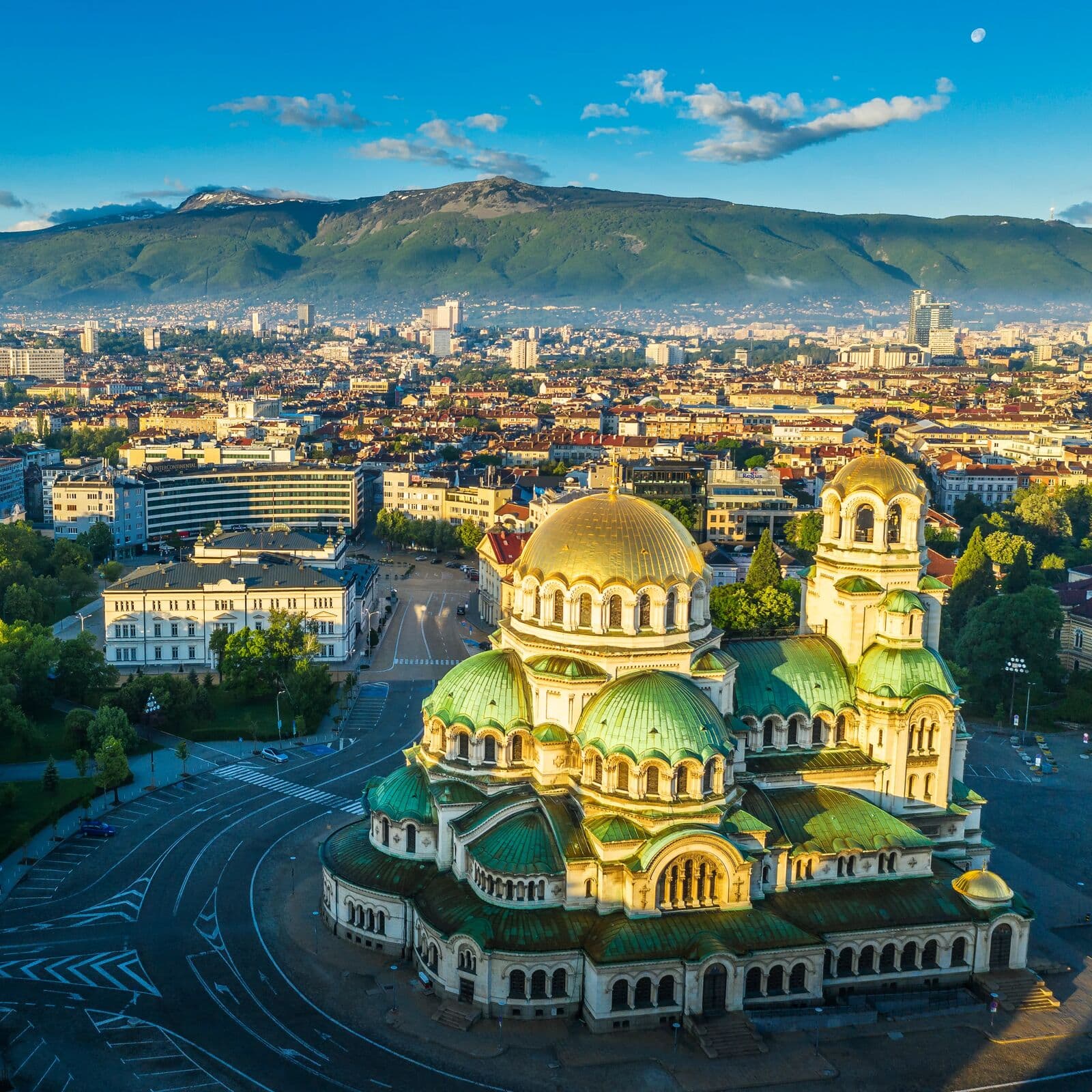 Aerial view of Alexander Nevsky Cathedral and the city of Sofia, with Vitosha mountain in the background